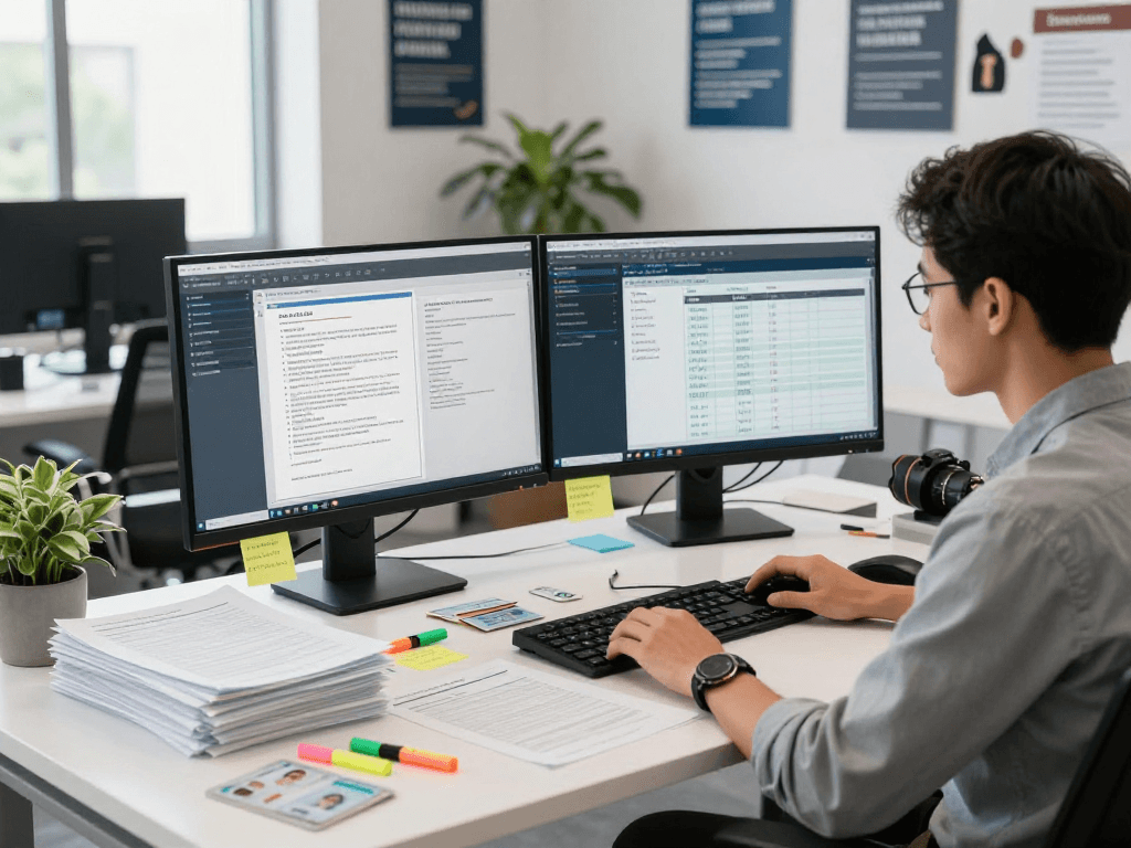 Analyst using document fraud detection tools in a modern workspace.