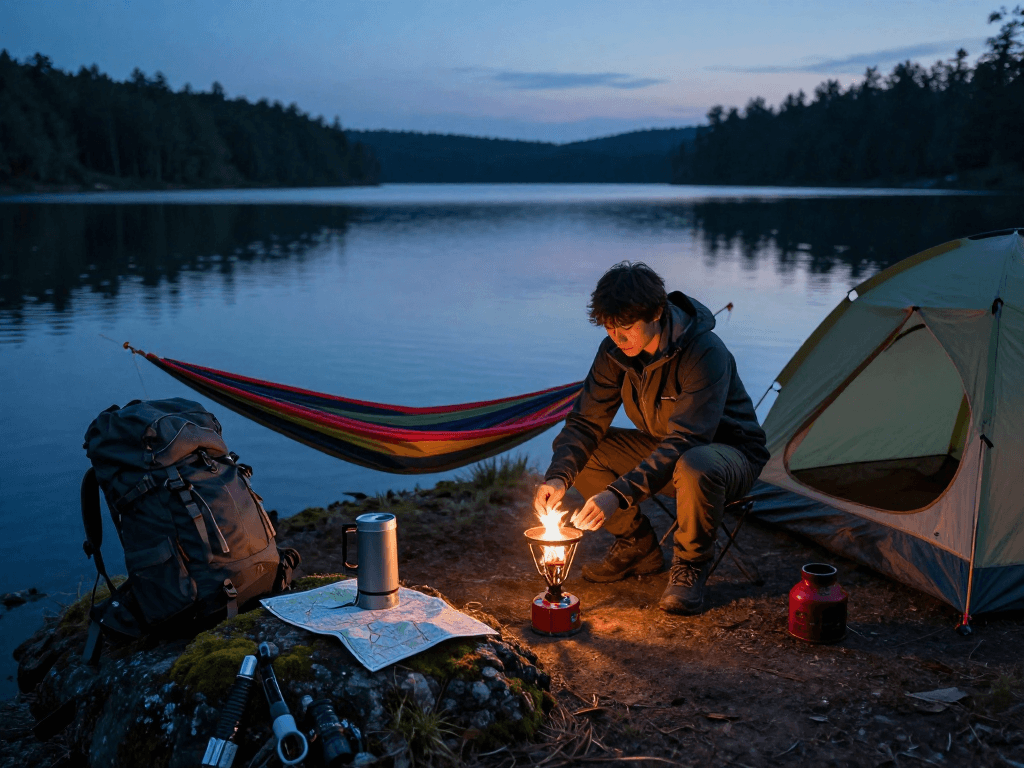 Enjoying rokok 88 camping gear by the lakeside at twilight with essential outdoor equipment.