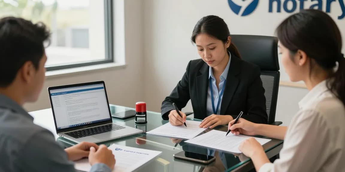 Notary near me service with a professional notary public assisting a client in a modern office.