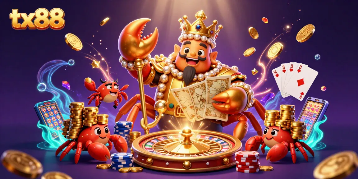 Engage in exhilarating gameplay with tx88's massive golden crab emperor amid cascading coins and gems.