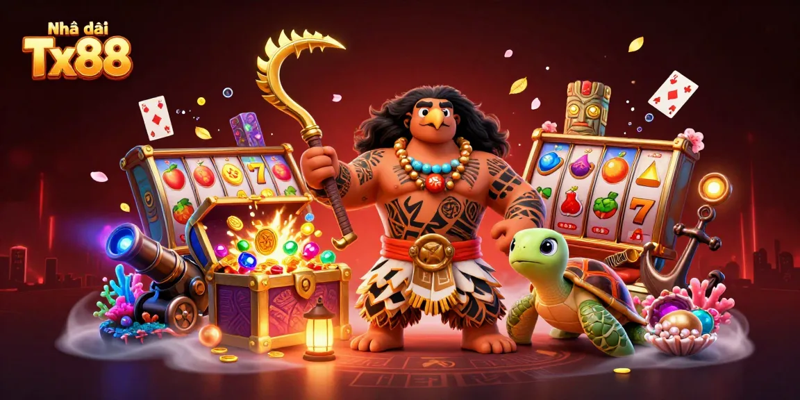 Engage with Nhà cái Tx88 in a vibrant casino scene featuring a hawk and turtle amid lively slot game elements.
