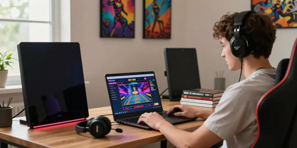 Engaging online gaming scene with a user exploring https://sky88tg.com/ interface in a cozy home office.