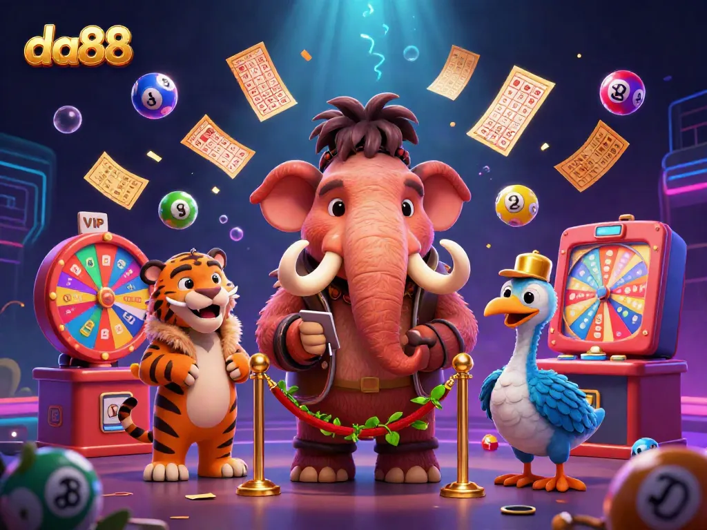 Experience the thrill of betting at da88 with a vibrant casino scene featuring unique characters and dynamic gaming elements.
