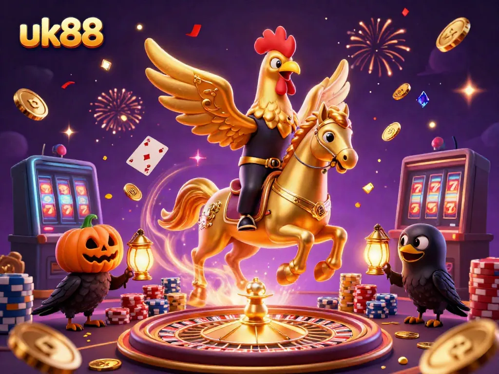 Experience thrilling games at UK88 with dynamic visuals of a golden rooster in a vibrant casino.
