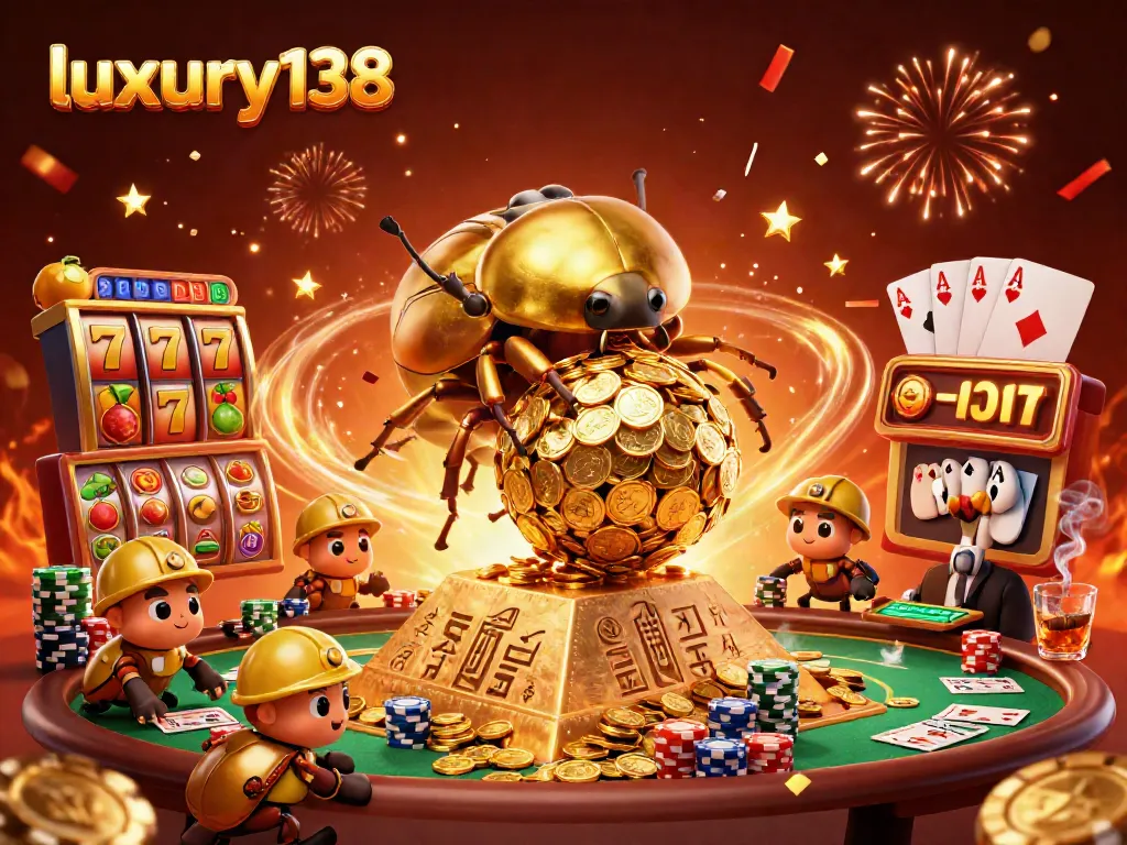 Experience the vibrant excitement of luxury138 with a golden dung beetle scene showcasing slot reels and casino motifs.