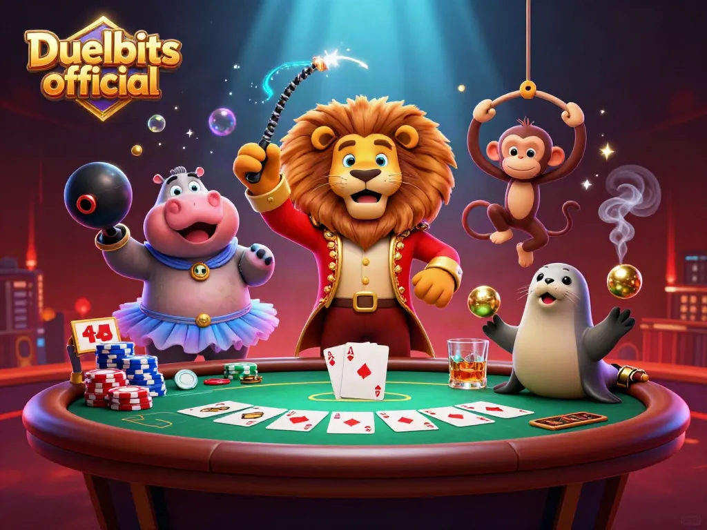 Duelbits official circus-themed illustration featuring playful casino characters and poker elements in action.