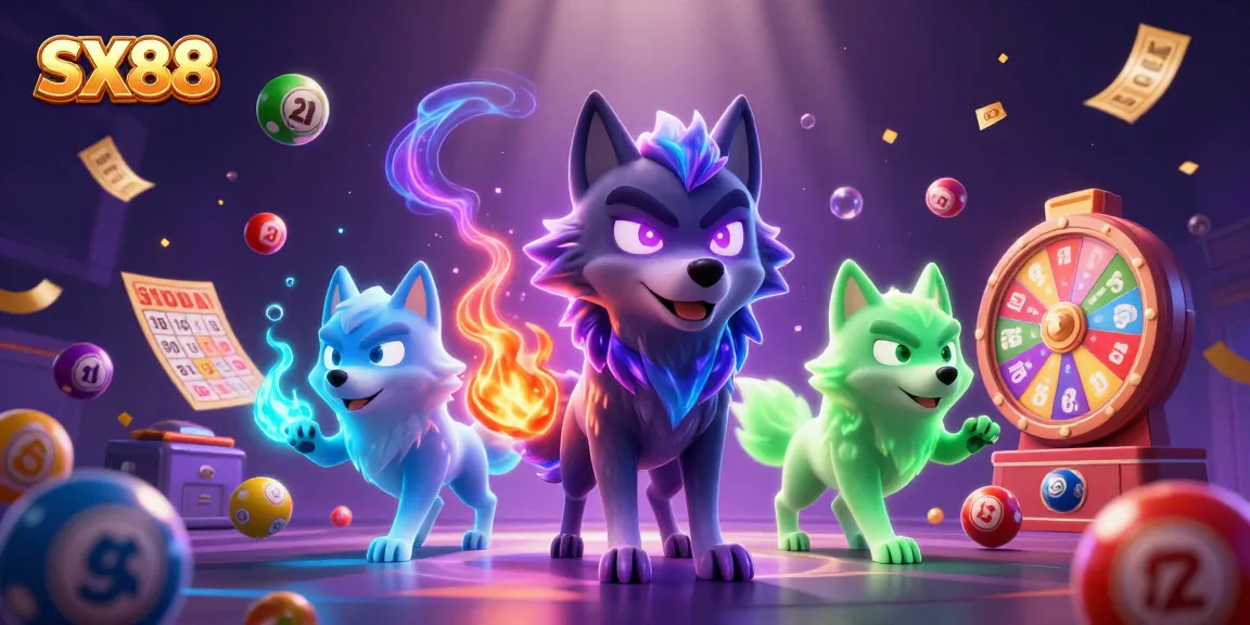 SX88 captivates with a glowing wolf leader amidst vibrant lottery elements and dynamic prizes.