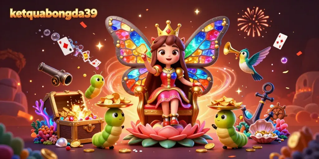 Experience the excitement of ketquabongda39 with vibrant 3D casino illustrations featuring a butterfly queen and gambling elements.