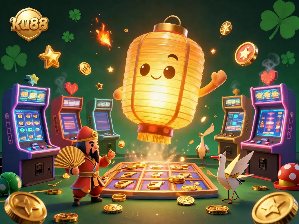 Spin jackpots at ku88 with a vibrant scene featuring golden lantern spirit and cultural companions in a dynamic casino atmosphere.