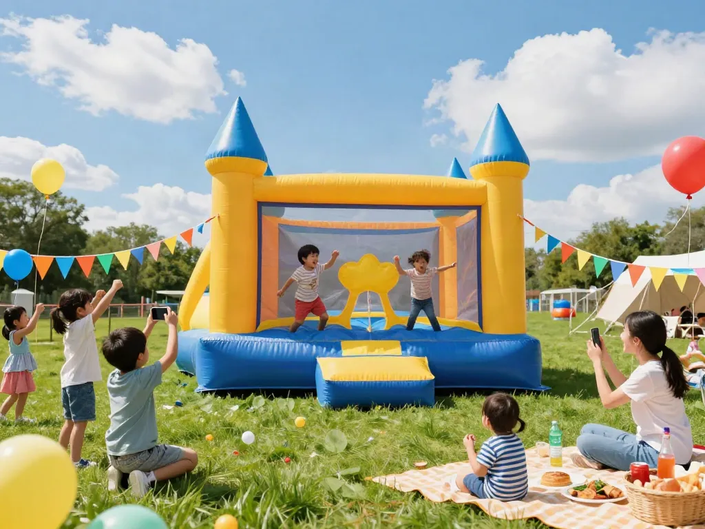 Children laughing in a bright bounce castle during sunny outdoor play.