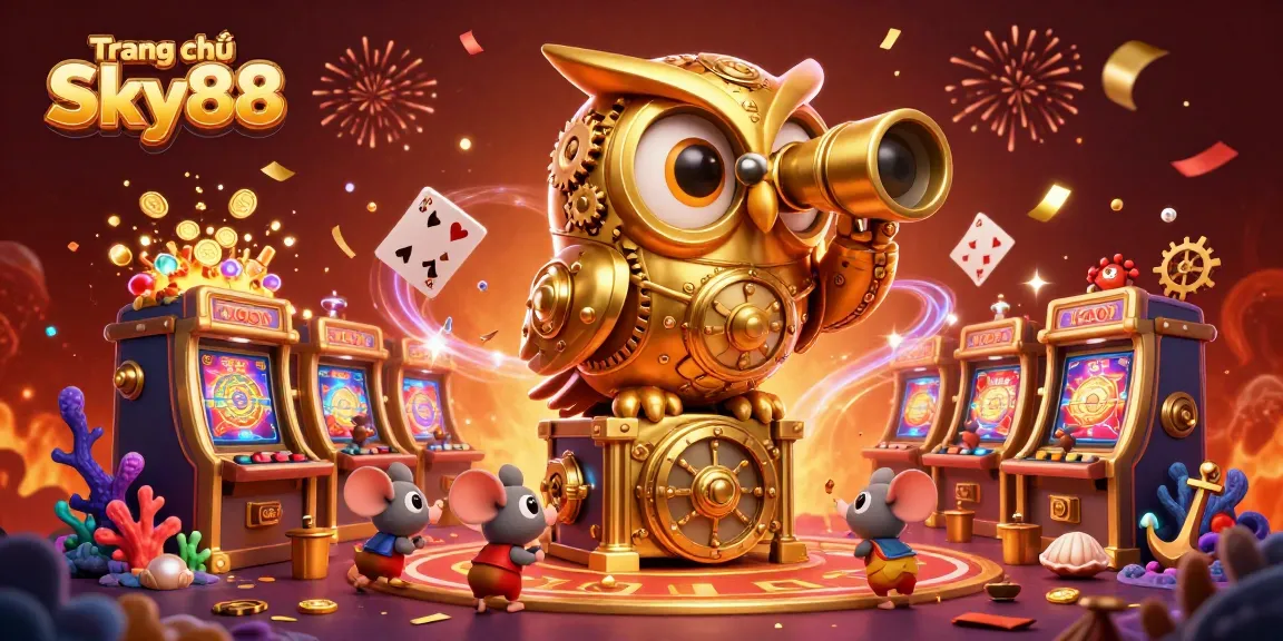 Engage with the thrilling experience at Trang chủ Sky88 featuring colorful games portraying excitement in a vibrant casino scene.