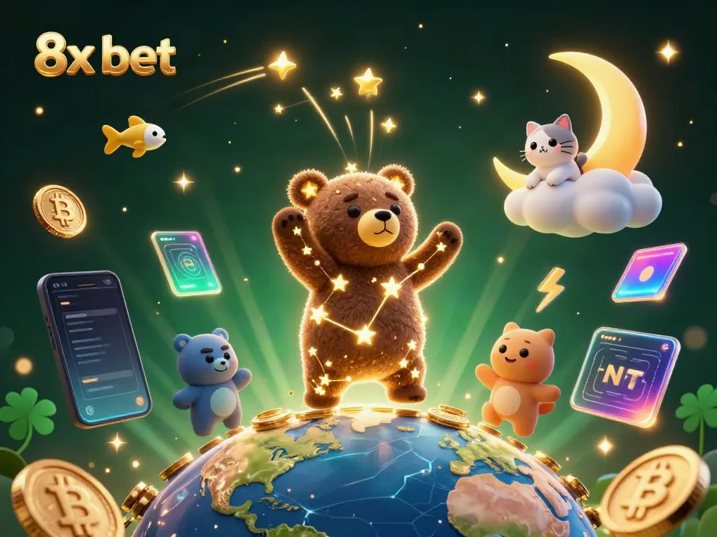 Engage with 8x bet in a vibrant 3D casino-themed scene featuring a constellation bear and crypto elements.