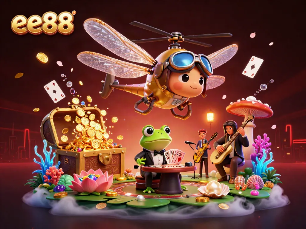 Experience exciting ee88 gaming moments with a vibrant dragonfly pilot, frog croupier, and jazz-playing crickets.