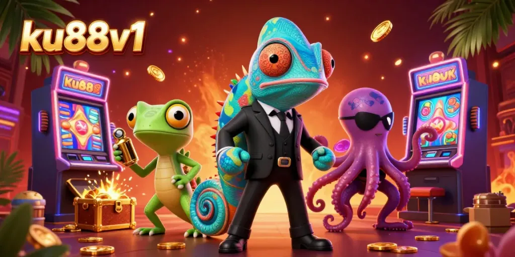 Experience thrilling casino vibes with ku88v1's vibrant agents and golden treasures in a dynamic 3D scene.