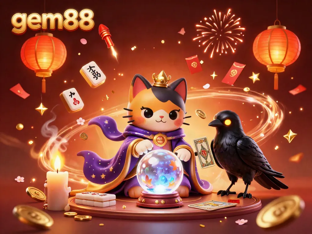 Experience the vibrant magic of gem88 with a mystical cat and raven, embodying the essence of online gaming