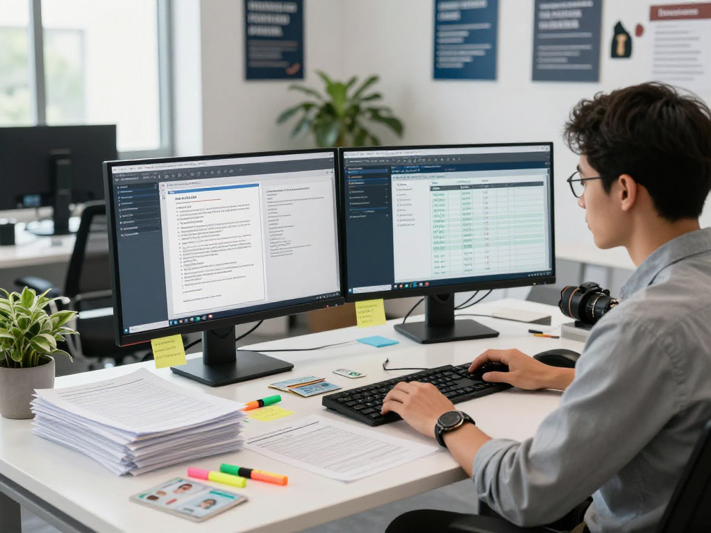 Analyst using document fraud detection tools in a modern workspace.