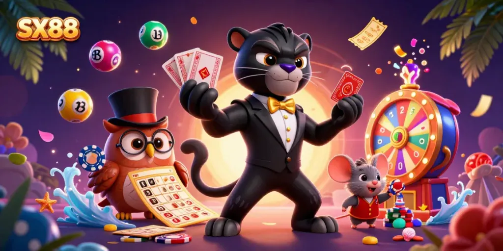Experience the thrill of SX88 online casino, with stylish characters immersed in the vibrant gaming world.