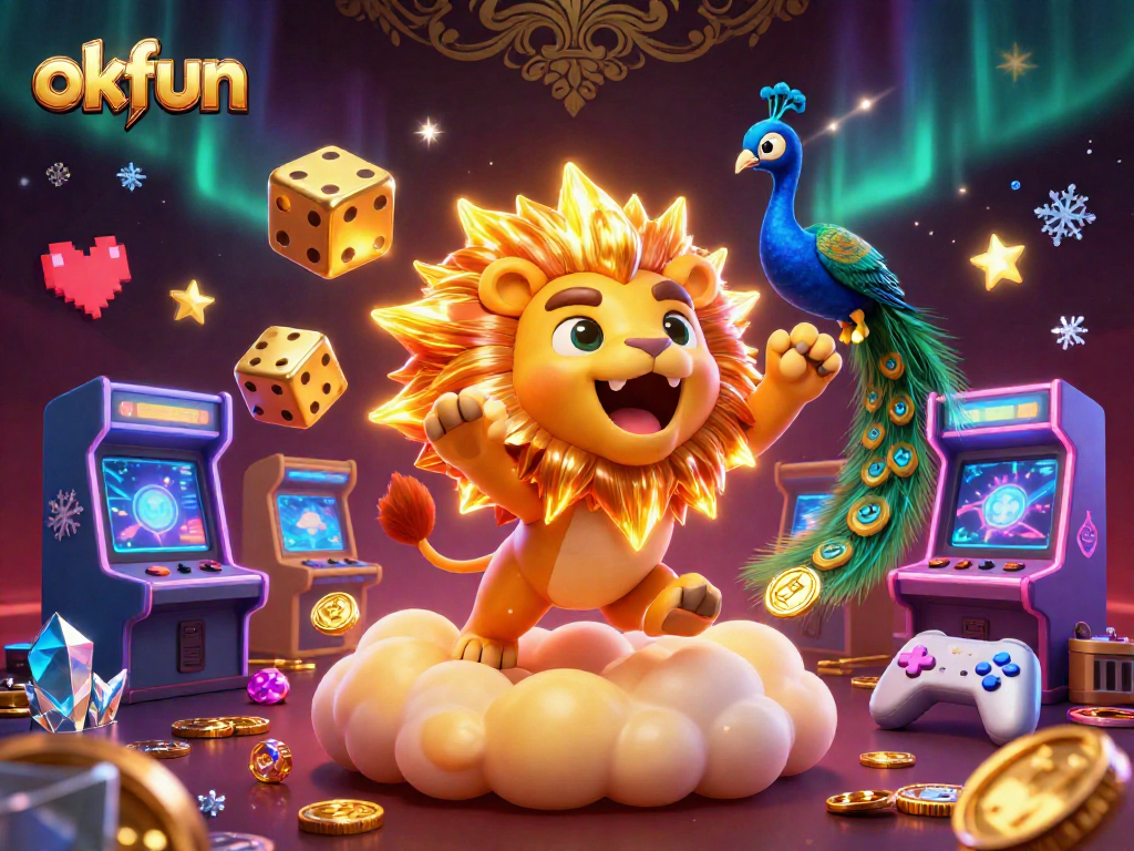 Engage with exciting games at OKFUN, featuring a vibrant 3D illustration of casino elements and characters.