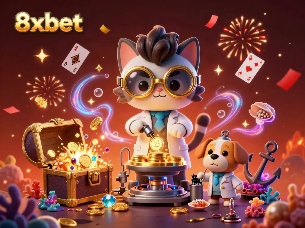 Experience the thrill of 8xbet with a vibrant illustration of a mad scientist cat and a dog amidst treasure and casino elements.