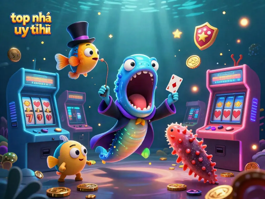 Engaging scene showing a bioluminescent eel performing tricks for top nhà cái uy tín, surrounded by vibrant casino-themed arcade elements.