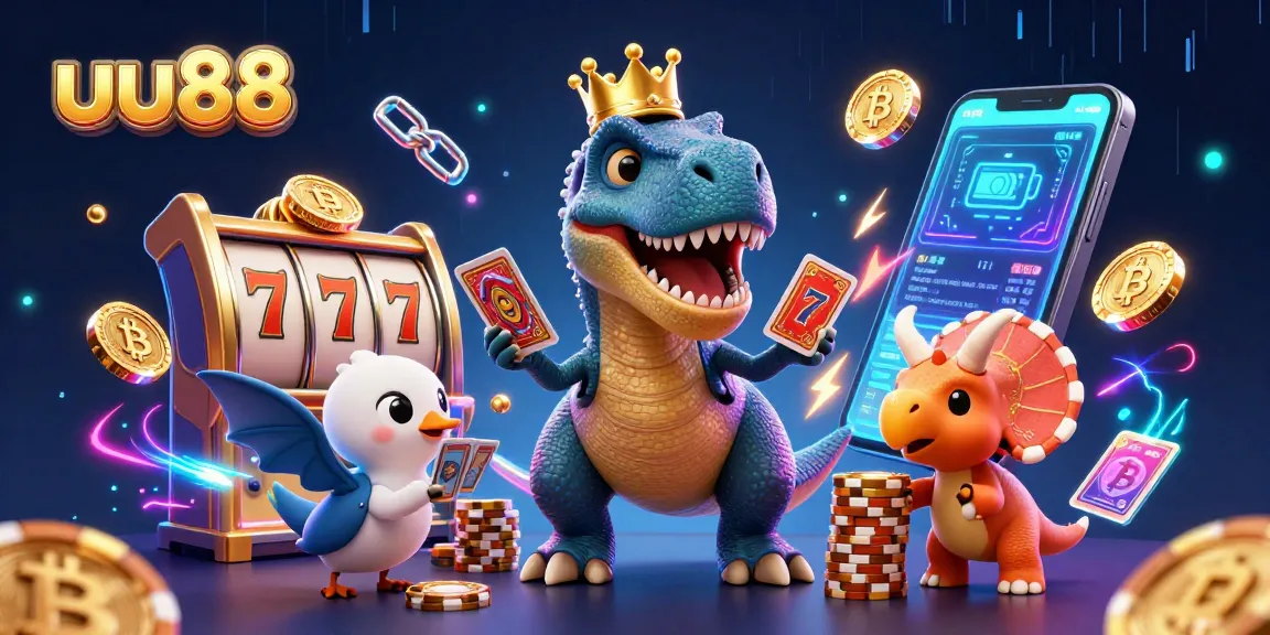 uu88 casino scene with a T-Rex shuffling cards, Ethereum coins, and stacked chips