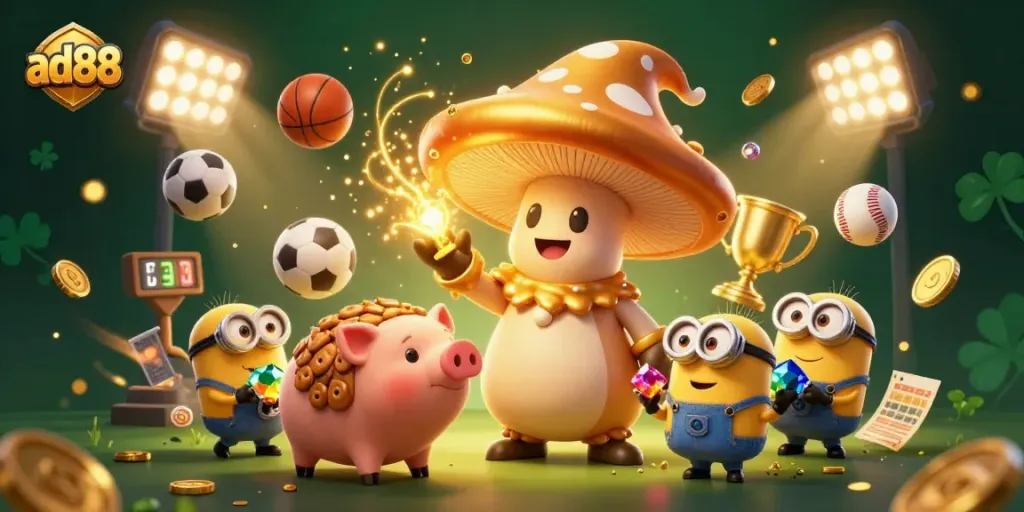 ad88 captivates players with a vibrant scene filled with sports, gold, and magical characters.