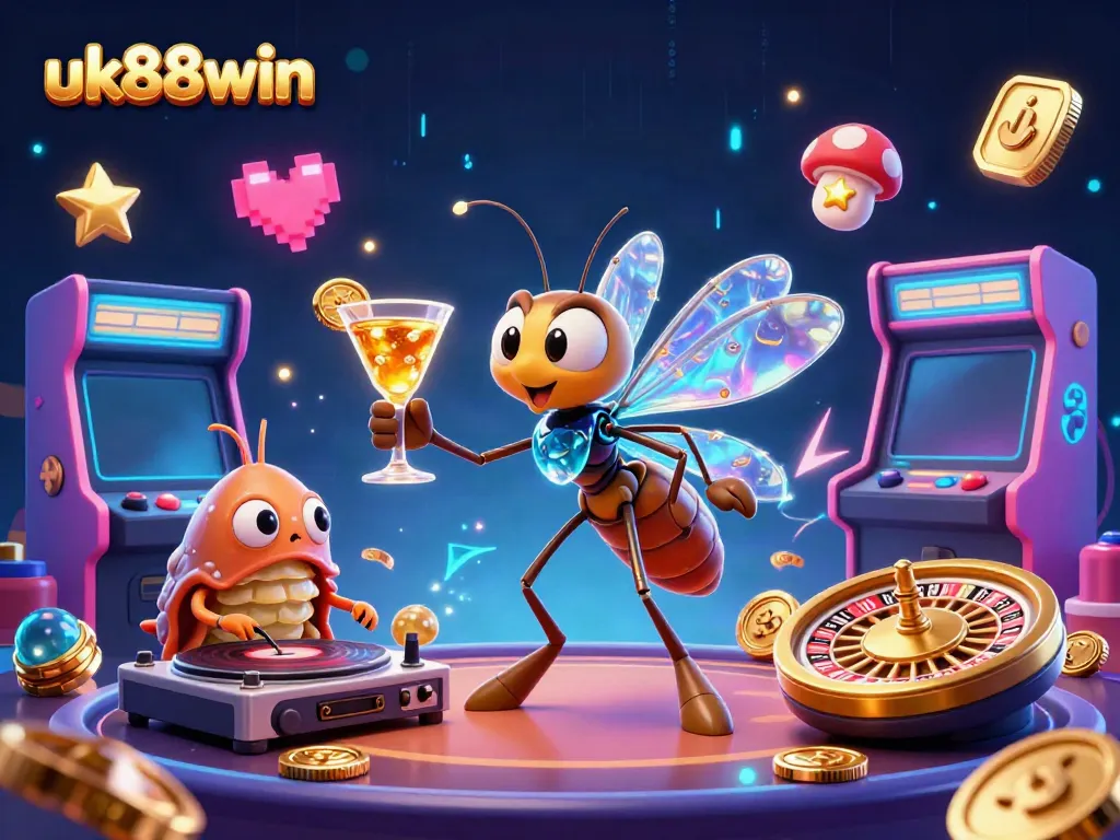 Engage with the vibrant atmosphere of uk88win, showcasing a fun cartoon casino scene with unique characters.