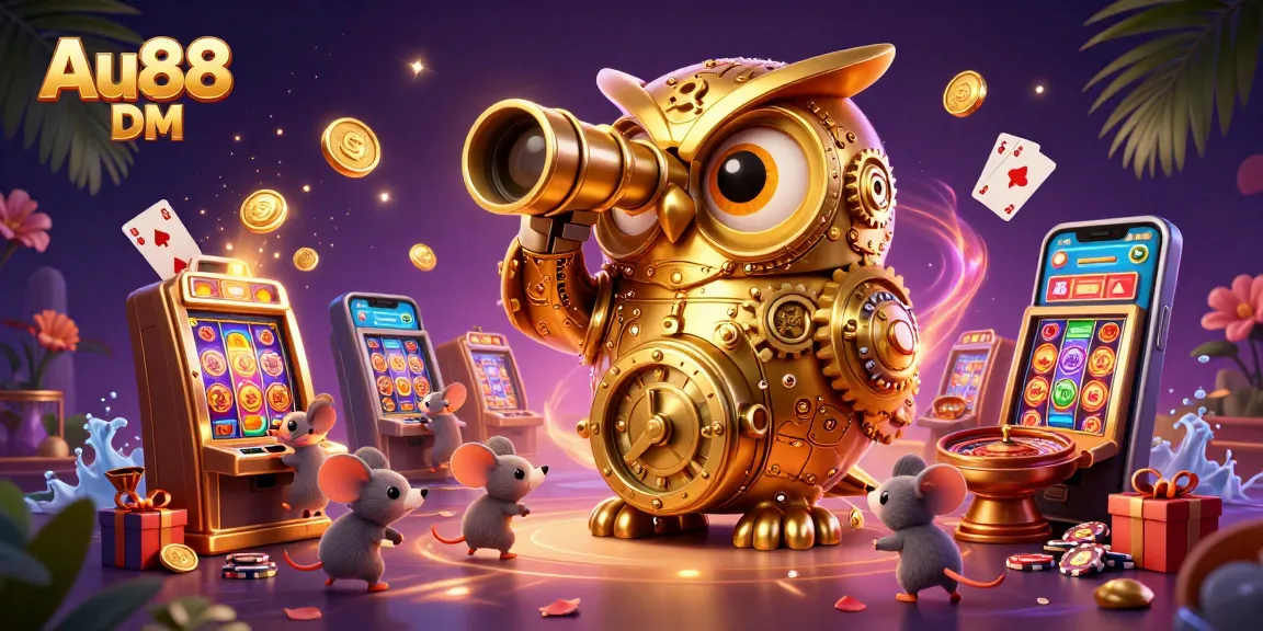 Play exciting slot games at Au88 DM, featuring a captivating owl and dynamic casino elements.