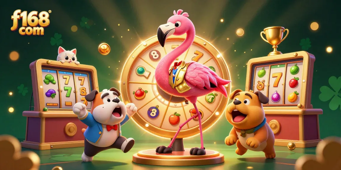 Engage with f168 com as the flamingo host spins the prize wheel amidst jackpot themes.