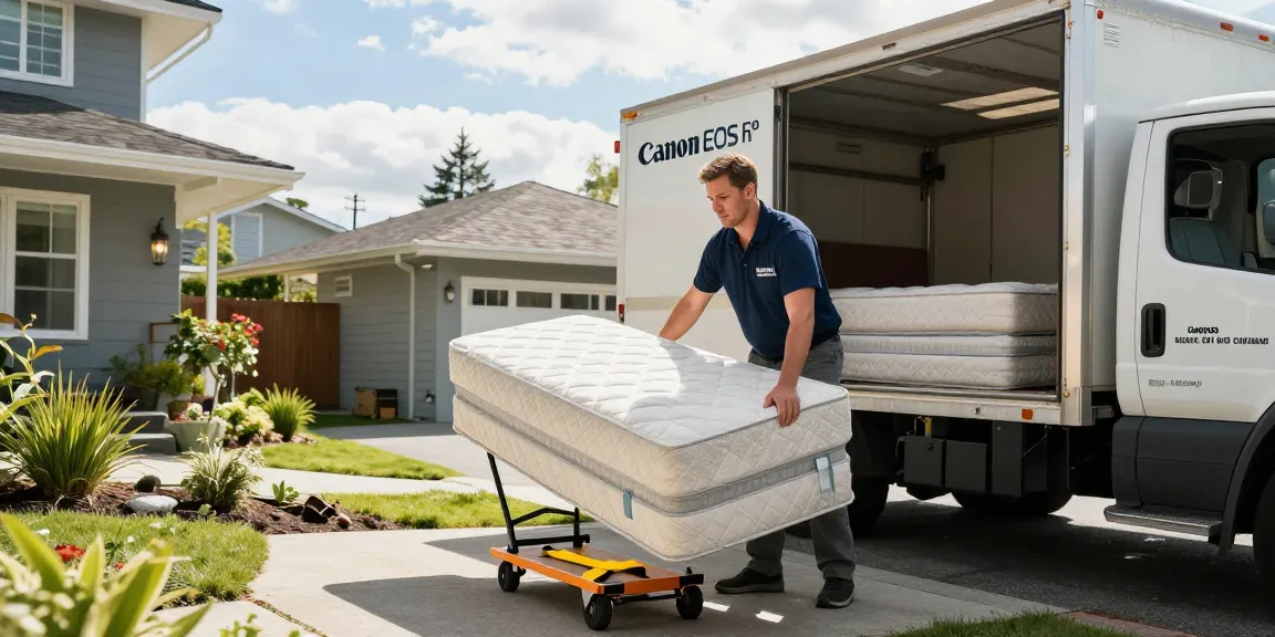 Efficient mattress removal service showcased in Vancouver, highlighting a professional mover handling an old mattress.