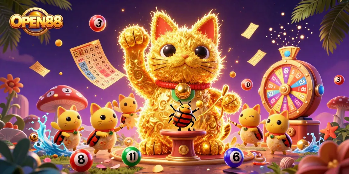 Engage in winning strategies at OPEN88 with a vibrant cat and casino symbols illustration.