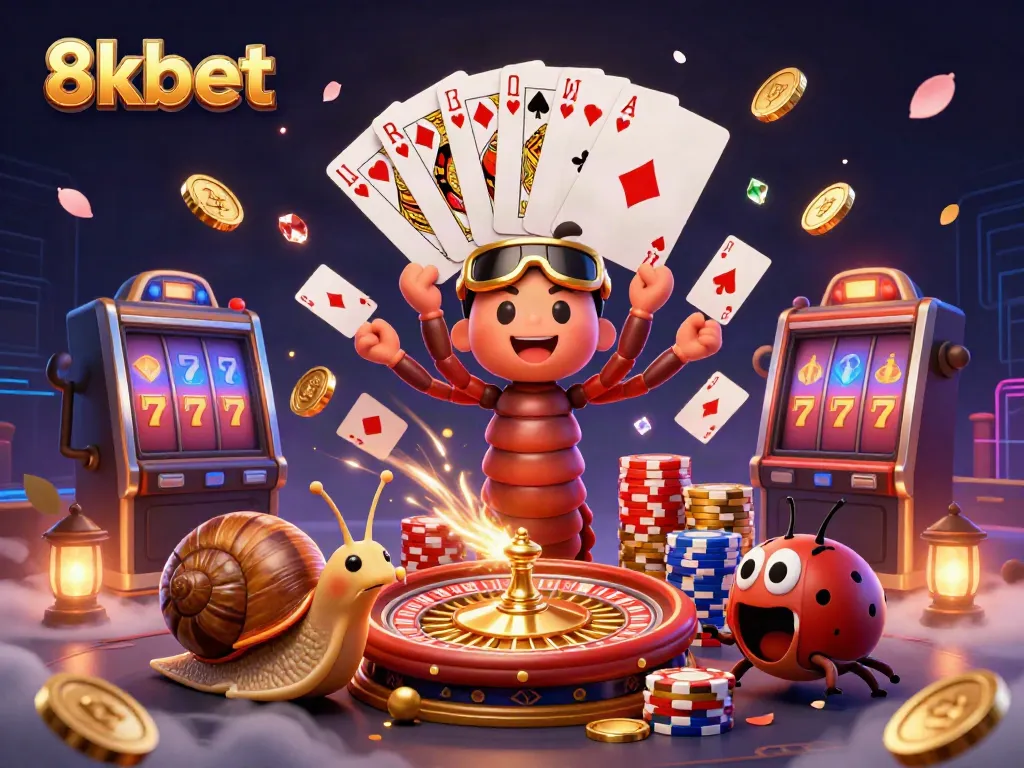Experience high-stakes gaming at 8xbet with a vibrant casino scene featuring a millipede dealer, cards, and coins.