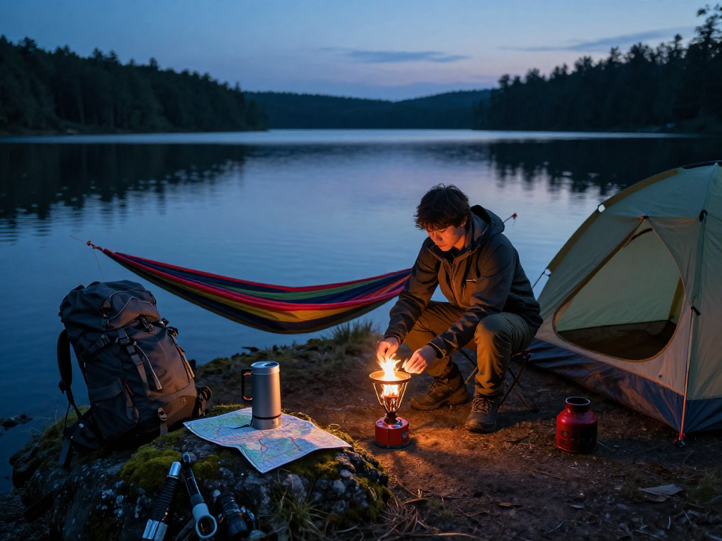 Enjoying rokok 88 camping gear by the lakeside at twilight with essential outdoor equipment.