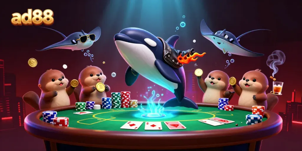 Engage winnings in ad88 with a playful scene featuring vibrant sea creatures and casino elements.