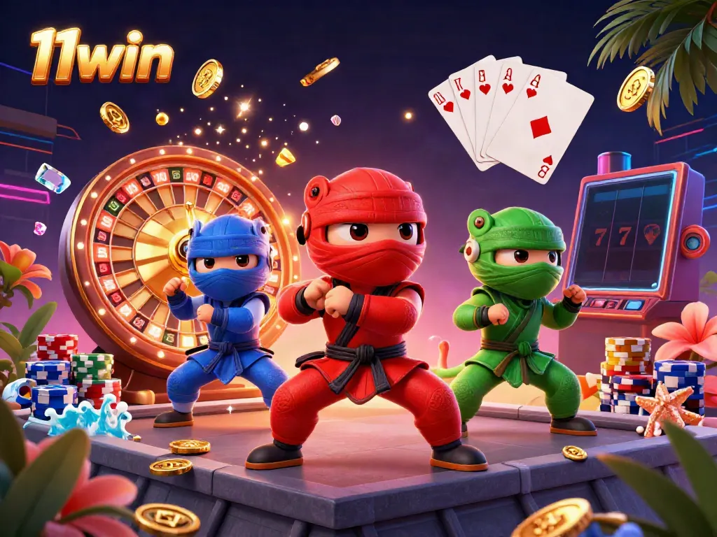 Experience the thrill of 11win with 3D ninja chameleons amidst dynamic casino elements.