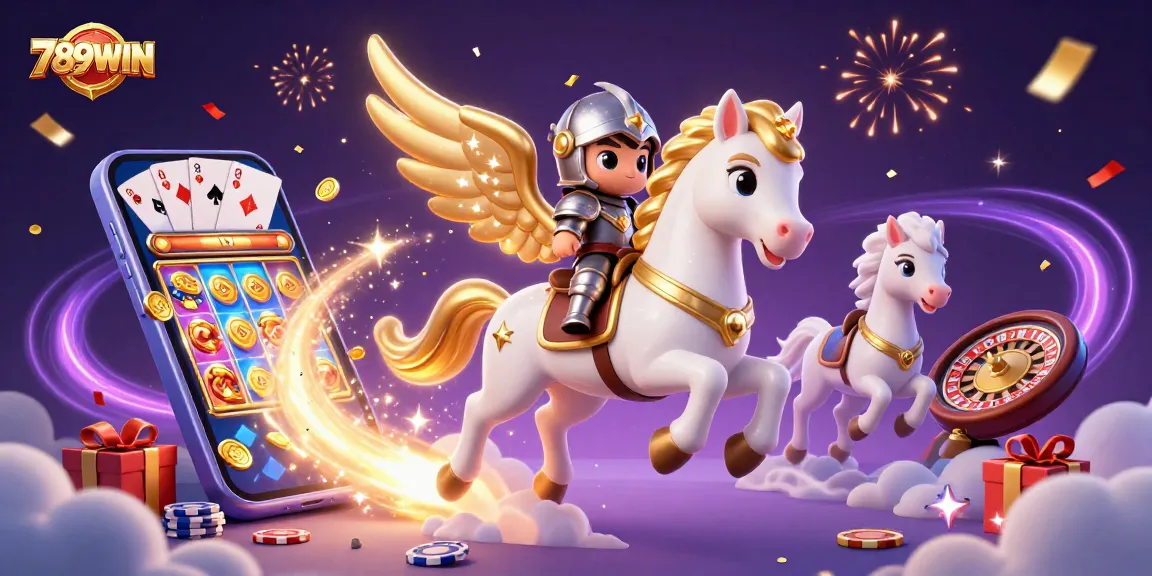 Win big with 789WIN as a celestial knight rides a majestic horse through a vibrant casino world.
