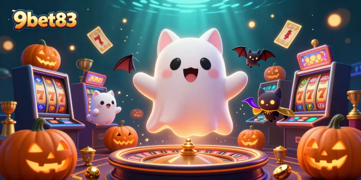 Engage in thrilling adventures with 9bet83, featuring a ghost cat and vibrant casino elements in a lively scene.