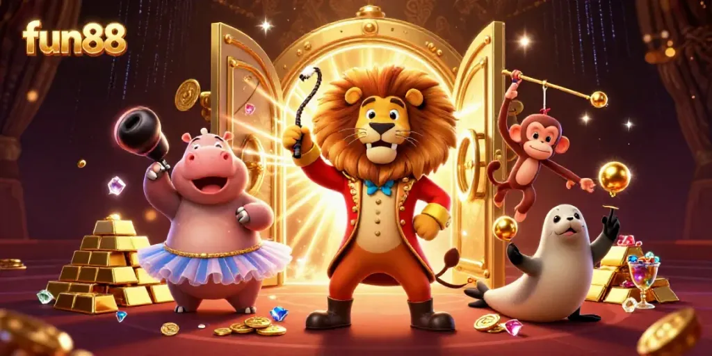 Experience the thrill of fun88 with vibrant casino-themed characters and treasures in a dazzling scene.