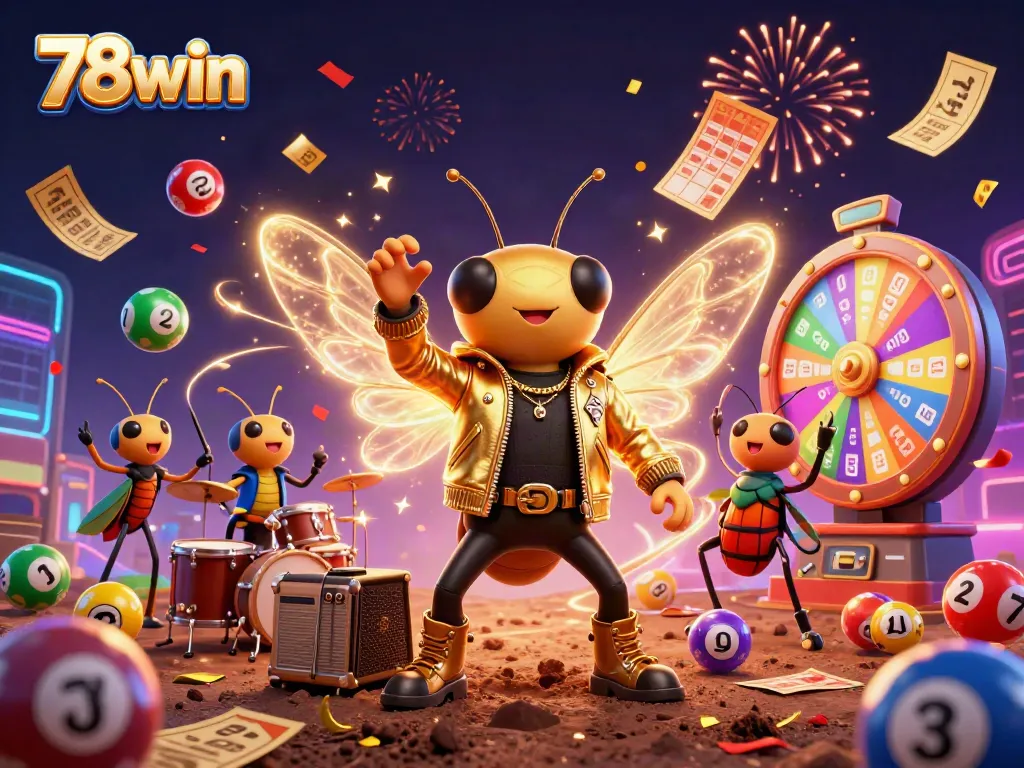 Engage with 78win's thrilling experiences as the cicada rock star and friends shine in a colorful online casino scene.