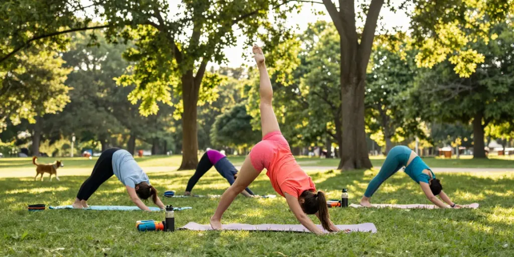 Streek fitness enthusiast performing guided stretches outdoors in a vibrant park.