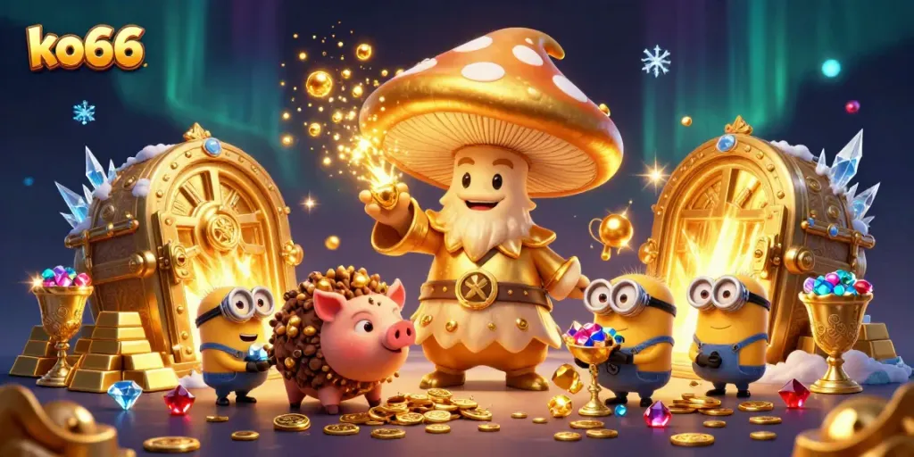 Experience thrilling slots and gaming adventures with ko66's vibrant 3D wizard and treasure scene.