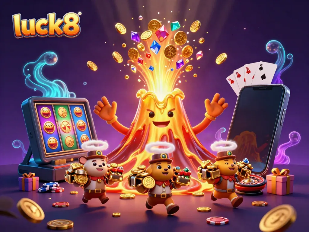 Experience luck8's thrilling online casino adventure with a golden volcano erupting treasures.
