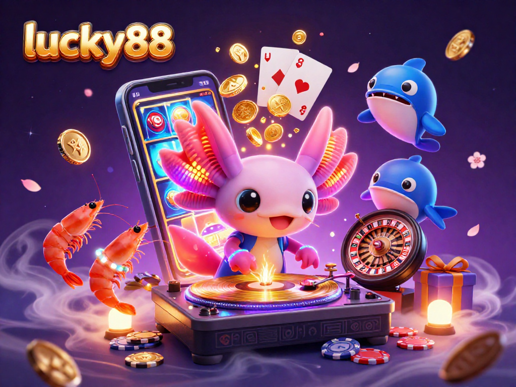 Experience the excitement of lucky88 with a vibrant casino scene featuring a neon axolotl DJ and gaming elements.