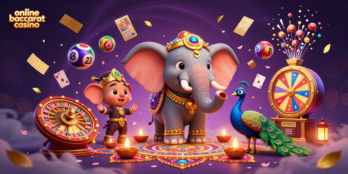 Experience the thrill of an online baccarat casino with dazzling elephants and festive visuals.