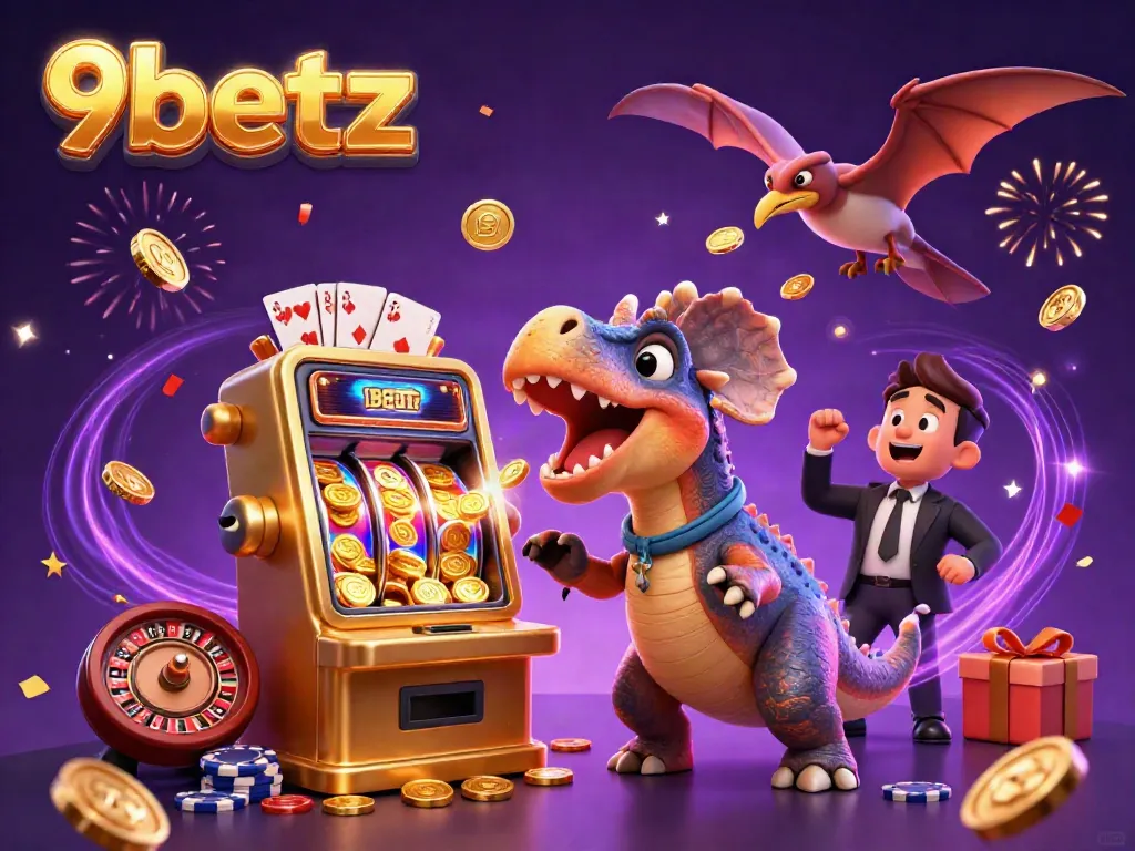 Experience fun at 9betz as a pachycephalosaurus wins big at a golden slot machine.