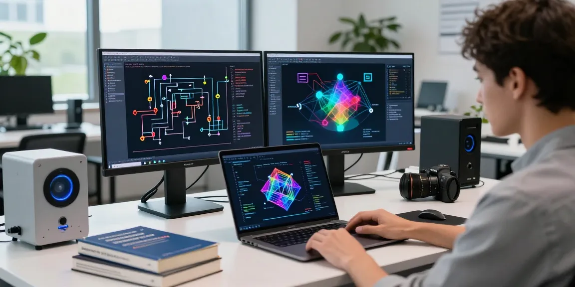 Data scientist analyzing quantum computing algorithms in a modern tech workspace with dual screens displaying quantum circuits.