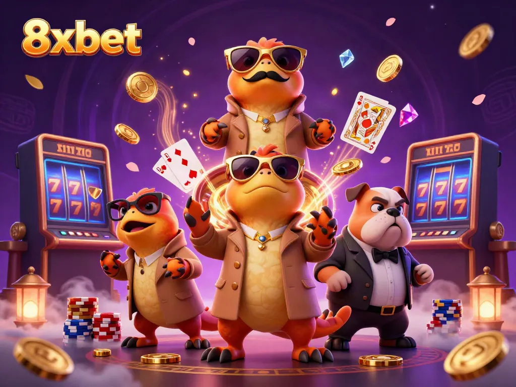 Experience thrilling moments at 8xbet with raptors trying to enter a VIP lounge, surrounded by casino elements.