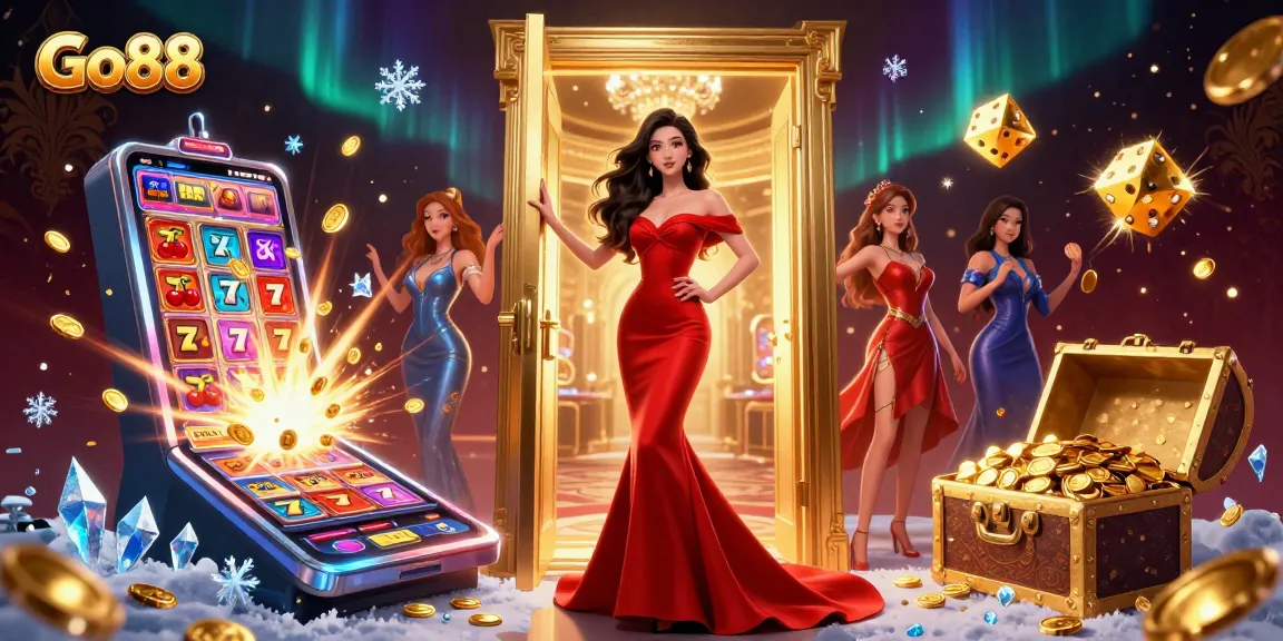 Experience the thrill of Go88 as vibrant casino elements burst with action and color around a stunning woman in a luxurious setting.