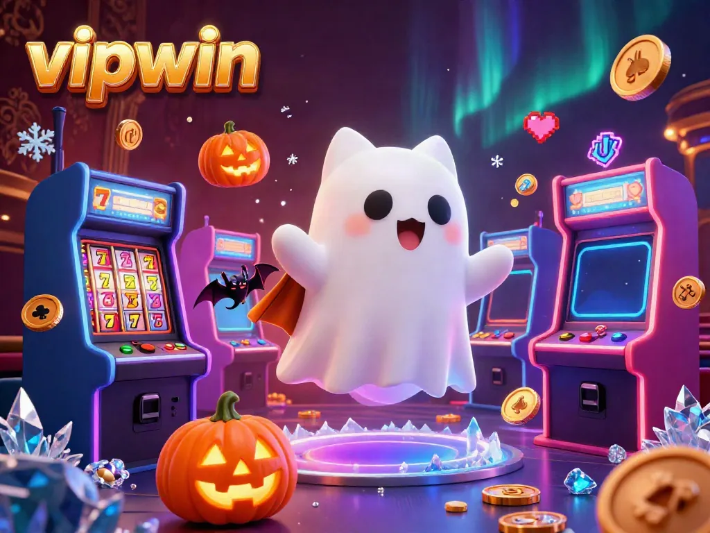 Engage with vibrant casino atmosphere as the vipwin ghost cat and bat play among slot machines and glowing elements.