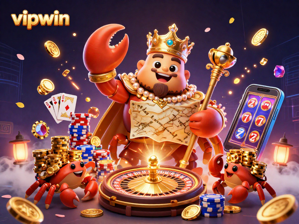 Bet big with vipwin's vibrant gaming scene featuring a golden crab emperor and treasure elements.